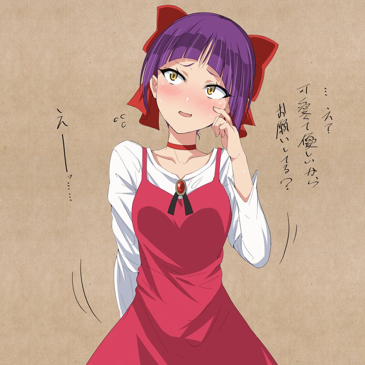 an anime character with purple hair wearing a red dress and cat ears on