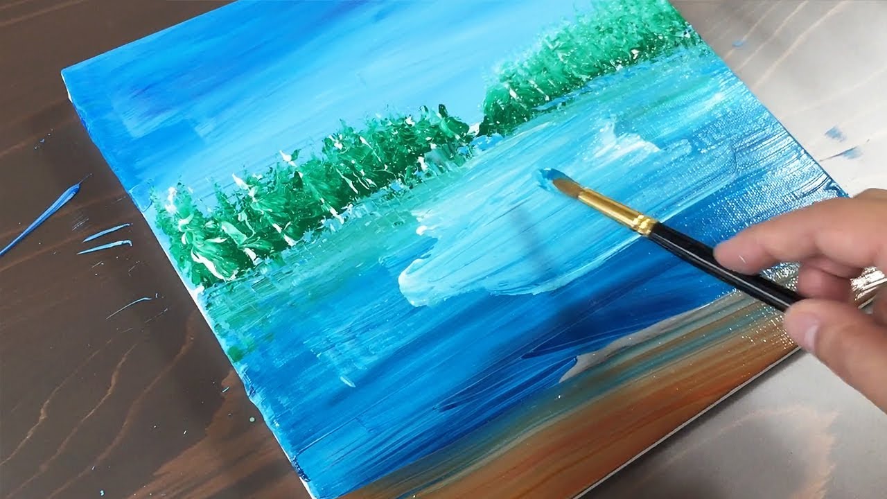 湖と樹木 / アクリル絵の具 / 初心者が簡単に絵を描く方法 #6 - YouTube